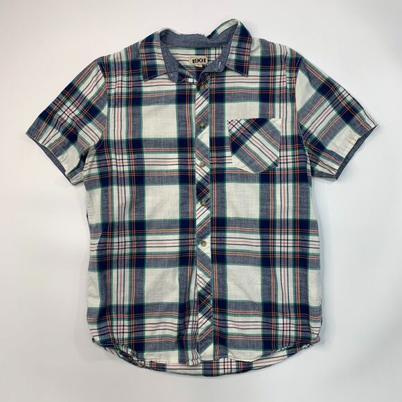 1901 Shirt Mens L Large Plaid Short Sleeve Collared Cotton Pocket Button Up - Picture 2 of 11